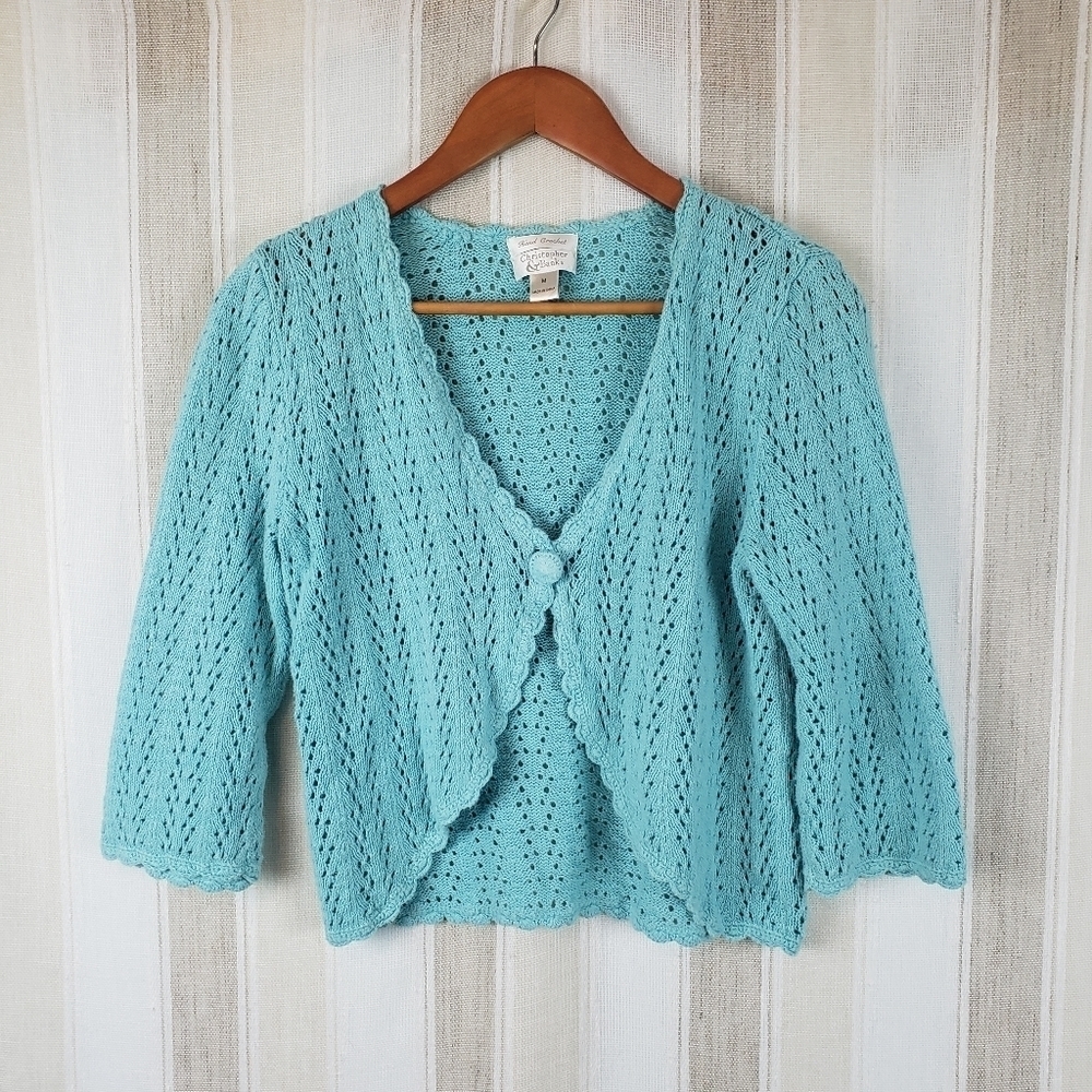 Vintage Y2K Christopher Banks Hand Crochet Sweater Cardigan Blue‎ Size Medium